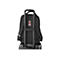 Schwarzer Rucksack mit Trolley-Gestänge, Rückansicht. Details: Logo, Airflow-System, Gurte.