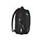 Schwarzer Rucksack in Seitenansicht. Rote Reißverschlüsse und USB-Ladekabel.