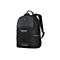 Schwarzer Rucksack mit dunkelgrauen und orangen Akzenten. Oben Logo mit Kreuz, vorn Zugschnüre. Auf weißem Hintergrund.