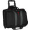 Black rolling briefcase with gray stripes and red logo.