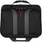 Black trolley laptop bag with grey stripe design, red logo and handle.