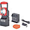 Zwarte en rode werklamp met accessoires zoals batterij, oplaadkabel en oranje deksel.