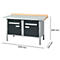 Werkbank met grijze metalen plaat, donkere lades en houten rand. Afmetingen: 1500x700x840 mm.