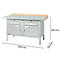 Metalen werkbank met houten werkblad. Afmetingen: 1500 x 700 x 840 mm.