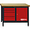 Werkbank mit Holzplatte, drei Schubladen und einem Schrank. Logo: KS Tools.