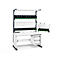 Witte werkbank met groene bakken. Werkblad, lades, gaatjesbord, lamp.