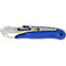 A silver and blue Westcott utility knife, partially open. The handle is blue, the rest silver-gray. Inscription 'WESTCOTT'.