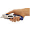 Close-up of a hand holding a Westcott utility knife. The knife has silver and blue elements and an exposed blade.
