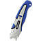 Blue and silver Westcott utility knife. Blue handle, silver blade and casing. 'Westcott' text.