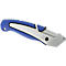 A blue and silver utility knife. The handle is blue, the blade holder silver. Lettering is visible on the blade.