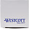 Nahaufnahme eines weißen Kartons mit blauem Westcott-Logo, Pfeil und Schriftzug "Since 1872".