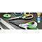 Close-up of scissors, ruler, and a green cutter on a dark wooden surface. Text: TITANIUM, NON-STICK.