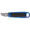 Blue and black utility knife with silver blade.