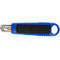Blue tool with handle. Black textured grip area. Metal blade with angled tip.