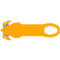 Yellow tool for cutting packaging. Trapezoidal, with loop and gray blade.