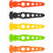 Five different colored rescue knives, orange, black, yellow, green and orange. They have a handle, a blade and holes.