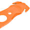 Detail of an orange rescue tool. It features a blade, a ribbed handle, and a round opening.