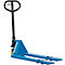 Blue pallet truck, fork facing forward; black handle.