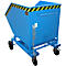 Blue painted tipping container on wheels. The container has a warning tape and a chain for securing.