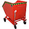 Red tipping container on wheels, with warning stripes on the top edge.