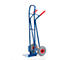 Blue hand truck with red handles and gray wheels against a white background.