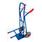 Blue hand truck with red handles and gray tires against a white background.