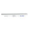 Weißes, langes Profil mit Befestigungsteilen und Zubehör. Links graue, dreieckige Teile, rechts blaue.