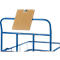 A detailed view of a transport cart with a wooden clipboard. The holder is made of blue metal, the board is attached with metal.