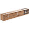 Long brown cardboard packaging with lettering and symbols, secured with tape.