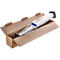 A product inside an opened cardboard box. The product is wrapped in foil.
