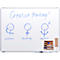 Whiteboard mit „Creative thinking!“ in Schreibschrift. Drei Strichmännchen zeigen den Problemlösungs-Prozess auf.