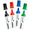 Vier bunte Whiteboard-Marker mit abgenommenen Kappen. Jeder Marker hat die Aufschrift 'Legamaster' und 'boardmarker TZ 150'.