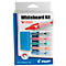 Whiteboard kit with pens, sponge, and magnets. A red pen lies on the packaging, with other pens in different colors.