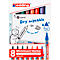 Ein Paket mit acht Edding Whiteboard-Markern, eine Skizze, die einen Stift hält, und Text: "Dry wipeable".
