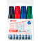 Ein Paket mit vier farbigen Whiteboard-Markern, in Schwarz, Rot, Blau und Grün, verpackt in einer transparenten Blisterpackung.