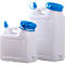 Two white water canisters with blue lids and spouts, against a white background.