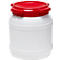 White plastic container with red lid. The lid is fitted with a red seal.