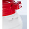Close-up of a red handle on a white container, seemingly part of a larger product.