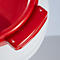 Close-up of a red handle on a white container, two holes.