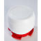White, round container with a red foot on a white background. The container has a round shape and is inscribed at the top.