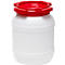 White plastic barrel with red lid, close-up.