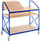 A blue serving cart with three wooden shelves. The top shelf is angled. Wheels are attached to the corners.