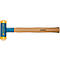 A soft-faced hammer with a blue metal head and yellow striking surfaces, and a wooden handle with the word "Hickory".