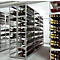 Wine cellar with shelves full of wine bottles. Dark bottles, yellow labels, cool atmosphere.