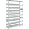 Grey wine rack with multiple horizontal shelves for bottles, made of metal, freestanding.
