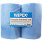 Zwei blaue Putzpapierrollen, verpackt in Folie. Auf der Verpackung steht "WIPEX".