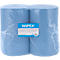 Zwei in Folie verpackte blaue Wiplex Putzpapierrollen mit Produktetikett.