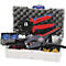 Tool case with crimping pliers, wire stripper, and cable lugs. Red and blue handles.