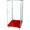 A red transport trolley with wire mesh walls and white wheels. It is empty and standing on a white background.