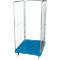 Blue rolling cart with wire mesh sides and wheels. Open door.